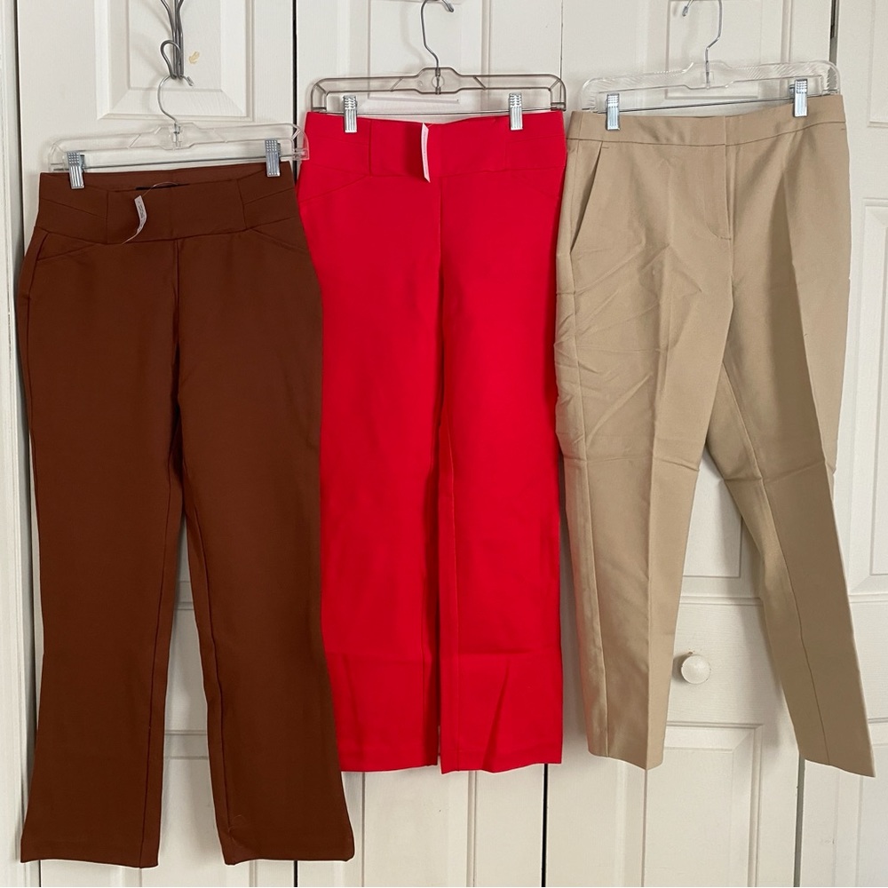 Lot THREE New York & Company Brown, khaki & Red Straight Leg Pants all NWT 4/S